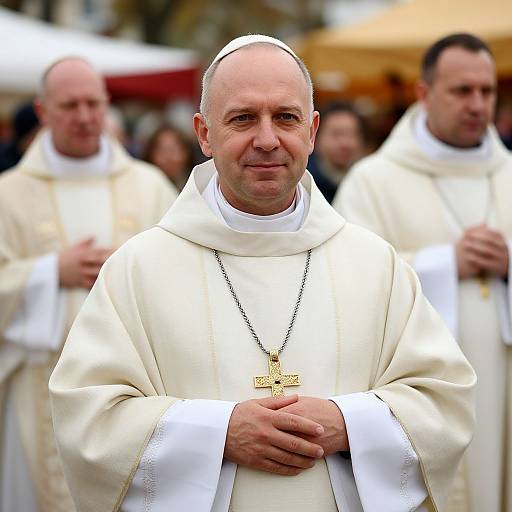Photograph of Pope Benedict XVI in white papal robes with gold cross necklace, standing in front of blurred, similarly dressed clergy.