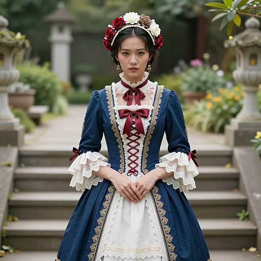 Asian Woman in Victorian-Style Dress in Garden