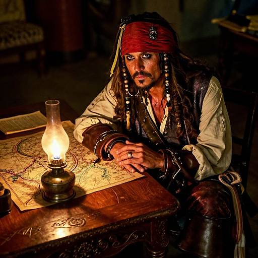 Photograph of a grimy, dark-skinned pirate with long hair, red bandana, and eye patch, studying a map under a lit oil
