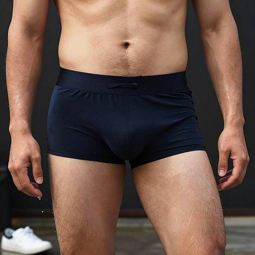 Photograph of a muscular, light-skinned man wearing tight, black boxer briefs, showing his lower abdomen and thighs, with a dark background.