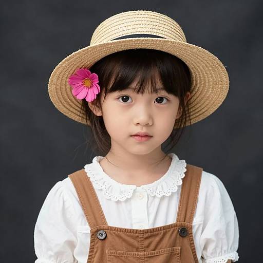 Charming Girl in Straw Hat and Overalls