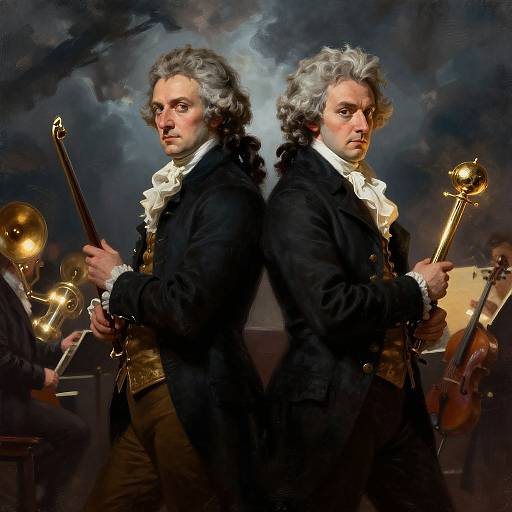 Digital painting of two 18th-century European men with curly gray hair, black coats, white cravats, holding brass instruments against a dramatic cloudy