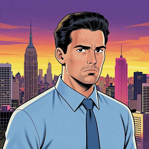Comic-style drawing of a serious, dark-haired man in a blue shirt and tie, against a vibrant sunset cityscape with skyscrapers.