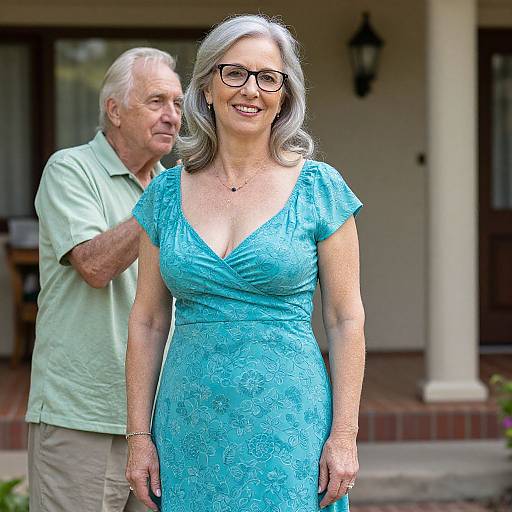 Photograph of smiling, middle-aged woman with gray hair, black glasses, and blue lace dress standing in front of older man in green shirt on porch