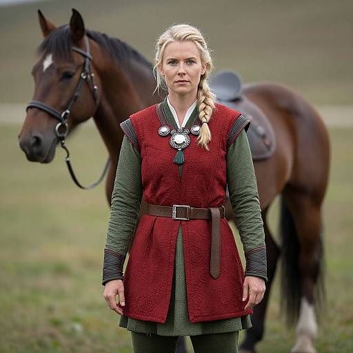 Photograph of a blonde woman in medieval-style red and green attire standing in front of a brown horse with a black mane.