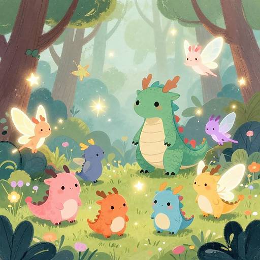 Whimsical digital drawing of colorful, cute, chibi-style dragon babies with tiny horns and spikes, surrounded by glowing fairy lights and colorful butterflies in