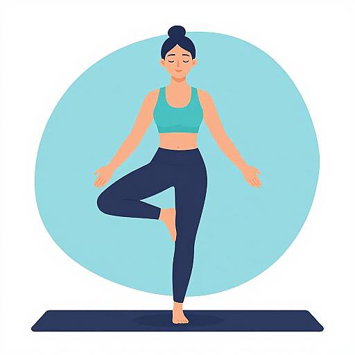 Digital illustration of a woman with dark blue hair in a bun, wearing a teal sports bra and navy leggings, doing a yoga pose on a black mat
