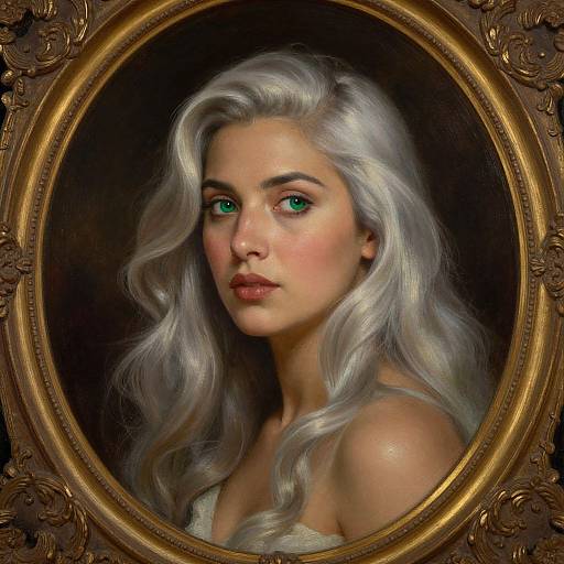 Digital portrait of a fair-skinned woman with long, wavy silver hair and striking green eyes, framed in an ornate gold oval frame.