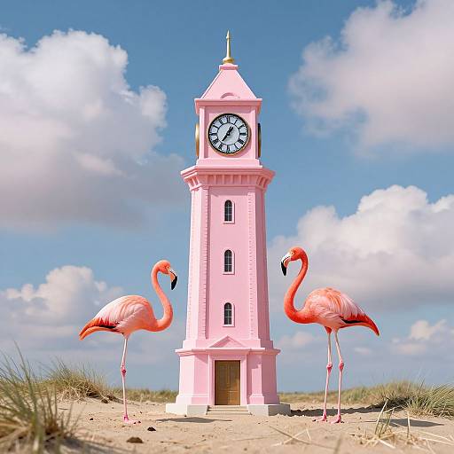 Photograph of two vibrant pink flamingos standing in front of a pastel pink clock tower on a sunny beach with blue sky and white clouds.