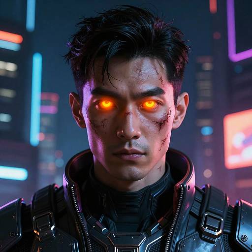 CGI close-up of a serious, scar-faced Asian man with glowing orange eyes, wearing a high-tech, black armored jacket, against a neon-l