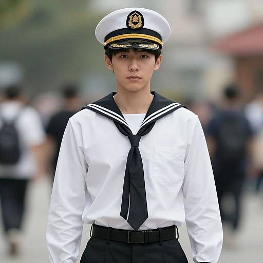 Photograph of an Asian young woman in a white naval uniform with black tie and hat, standing outdoors with blurred background.