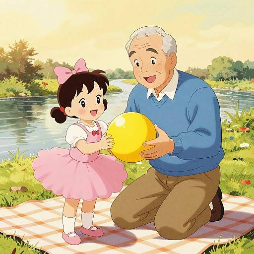 Anime-style illustration of an elderly man with white hair in a blue sweater and brown pants, kneeling beside a young girl in a pink dress, playing with