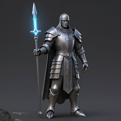CGI image of a silver-armored knight with glowing blue sword, standing in a dark gradient background, holding sword in right hand.