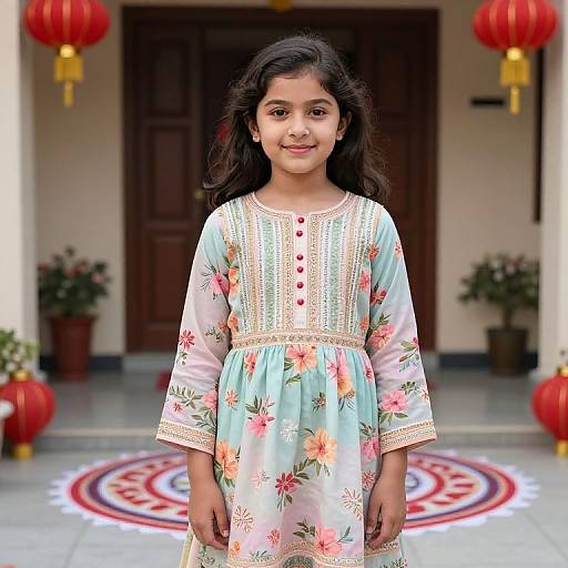 Photograph of a young girl with medium brown skin and long dark hair, wearing a light blue floral dress with red buttons, standing in front of a