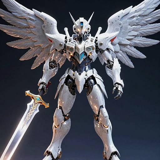 Digital CGI of a white, winged, humanoid mecha with glowing blue eyes, holding an ornate, golden sword against a dark blue background.