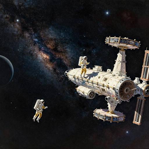 Astronauts Floating Near Space Station in Galaxy