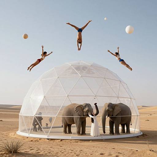 Photograph of four people mid-air jumping around a clear dome tent in a desert, with two elephants inside and three floating orbs in the sky.