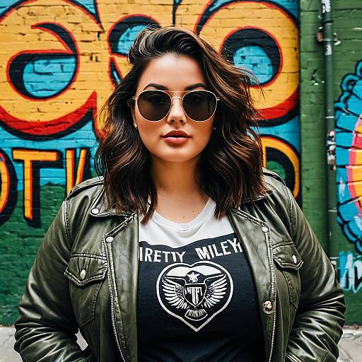 Curvy Woman in Leather Jacket with Street Art Background