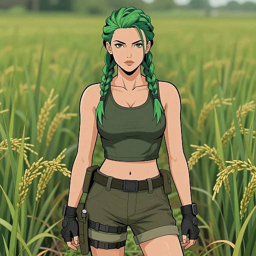 Confident Woman with Green Hair in Rice Field
