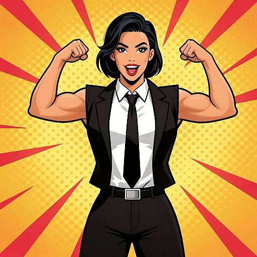 Colorful comic-style illustration of a muscular, confident woman with black hair, sleeveless black suit, white shirt, black tie, flexing arms,