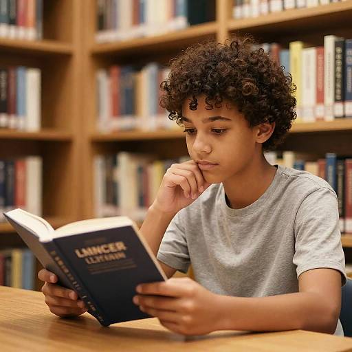 Photograph of a young boy with curly hair, light brown skin, and a gray t-shirt, reading 