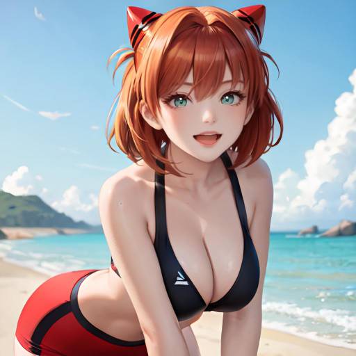 Digital anime-style drawing of a short-haired, red-haired girl in a black wetsuit with white stripes, standing on a rocky beach with turquoise ocean