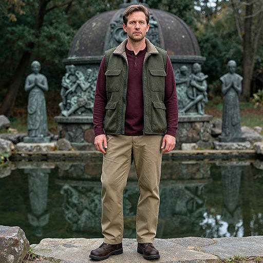 Photograph of a bearded man in a green vest, maroon shirt, beige pants, standing by a serene garden pond with stone sculptures and a