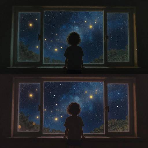 Silhouetted child with curly hair sits at two-story window, gazing at a starry, rainy night sky through four panes. Digital