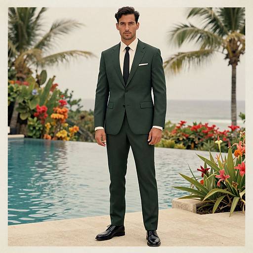 Photograph of a handsome, dark-haired man in a black suit, white shirt, and black tie, standing by a tropical pool with palm trees and