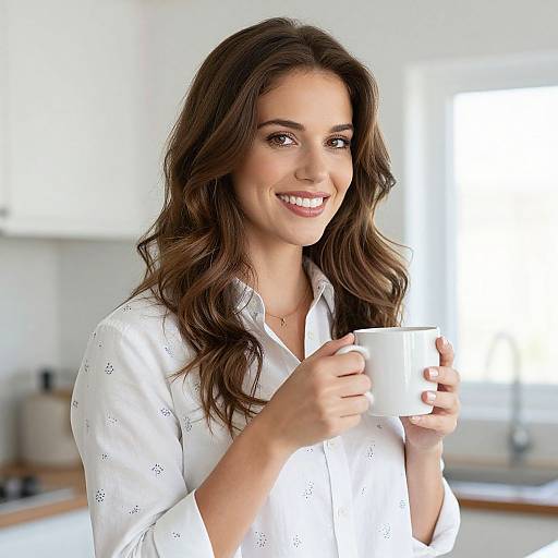 Photograph of a smiling woman with long brown wavy hair, wearing a white button-up shirt, holding a white mug in a bright, modern kitchen