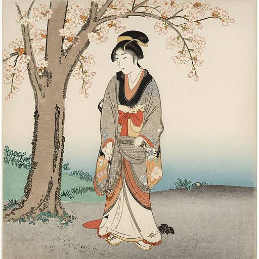 Traditional Japanese woodblock print of a serene woman in a kimono, standing under a tree with autumn leaves, red sash, and floral patterns.