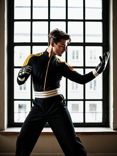 Male dancer in dancesport costume posing by window