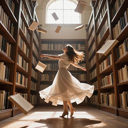 Photograph of a woman in a flowing white dress dancing through a sunlit library, books flying through the air.