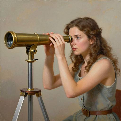 Photorealistic painting of a young woman with wavy brown hair, wearing a sleeveless gray dress, using a brass telescope on a tripod, g