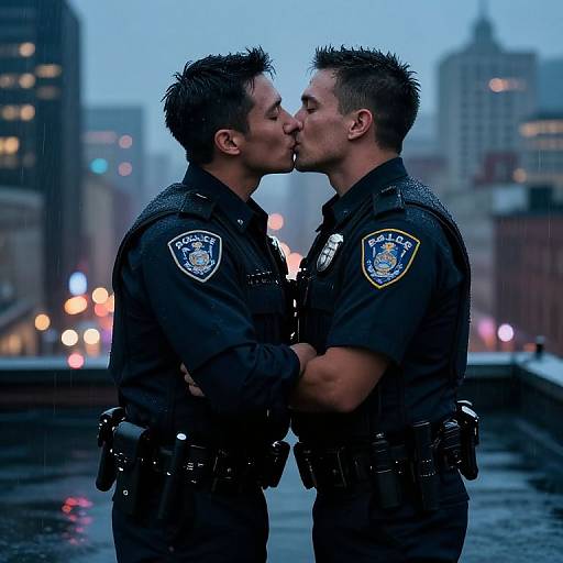 Photograph of two male police officers kissing passionately on a rainy city rooftop at dusk, wearing black uniforms with badges.