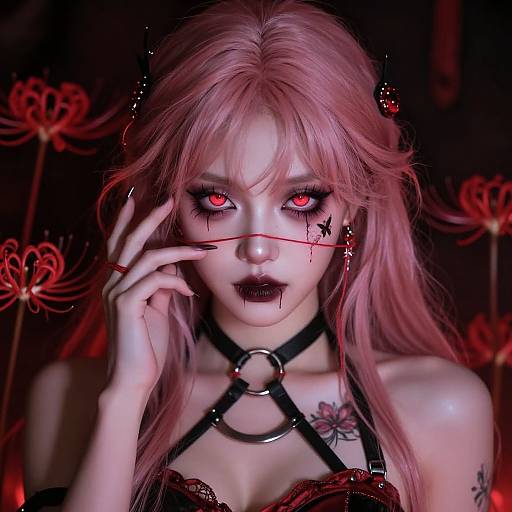 Digital art of a pale-skinned woman with pink hair, red glowing eyes, black lipstick, and black harness, touching her face. Red heart-shaped