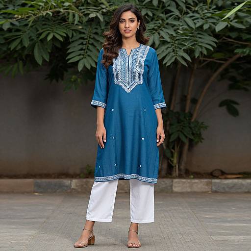 Photograph of a young Indian woman with long dark hair, wearing a blue embroidered kameez and white pants, standing outdoors against a leafy background