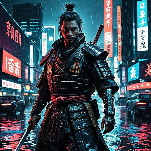 Cybernetic Samurai Warrior in Neon Dystopia