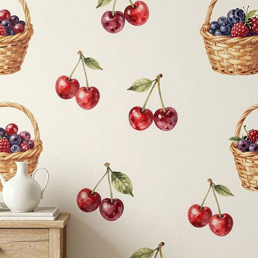 Photograph of a white wall decorated with realistic, colorful cherry and berry baskets, featuring red cherries, blueberries, and raspberries, with a