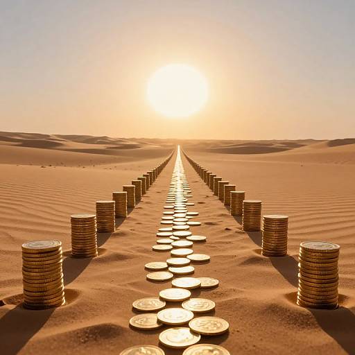 Photograph of a golden coin path stretching through endless desert at sunset, with stacks of coins on both sides.