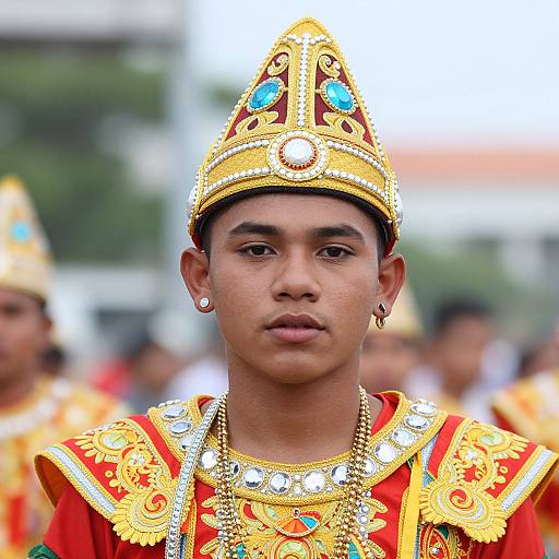 Photograph of a young male ceremonial figure in ornate, gold and red traditional attire with intricate embroidery, blue jewels, and an elaborate headdress,
