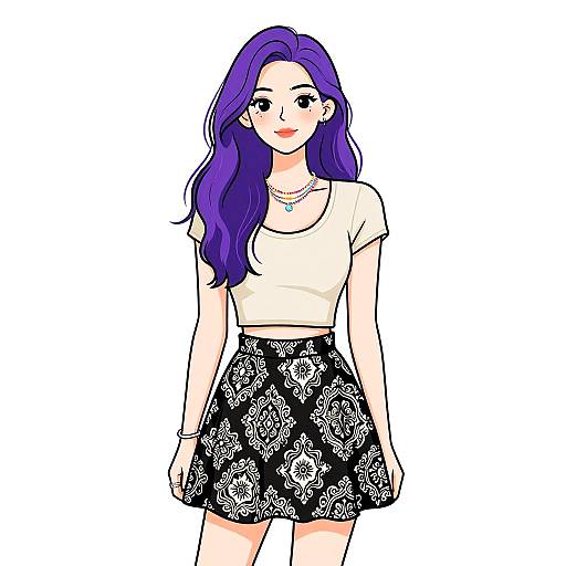 Digital drawing of a young woman with long purple hair, wearing a white crop top and black floral skirt, standing against a white background.