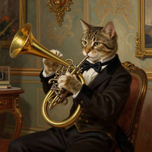 Photograph-like digital art of a tabby cat in a black tuxedo playing a golden trumpet in an ornate, vintage room.