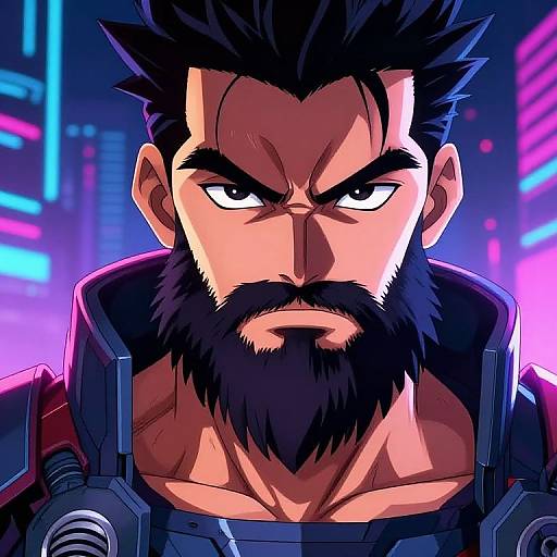 Digital anime-style drawing of a muscular, bearded man with intense eyes, black spiky hair, and futuristic armor, set against a neon cityscape