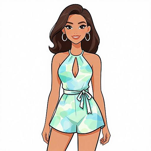 Digital illustration of a smiling woman with medium skin tone, brown wavy hair, wearing a halter-neck, light blue patterned romper with a
