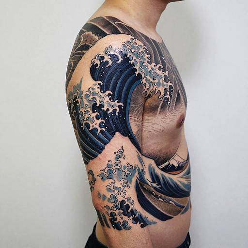 Photograph of a shirtless man with a detailed black and gray wave tattoo covering his left shoulder and upper arm. White background.