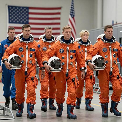 Astronauts in Orange Suits with Flags