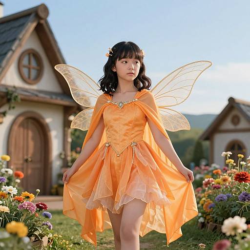 Photograph of an Asian girl in an orange fairy dress with transparent wings, standing in a vibrant flower garden, in front of a whimsical cottage.