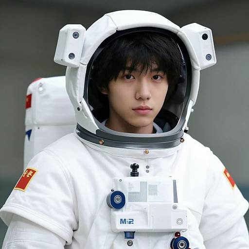 Photograph of an Asian male astronaut with short black hair, wearing a white spacesuit with a reflective helmet, standing against a blurred gray background.