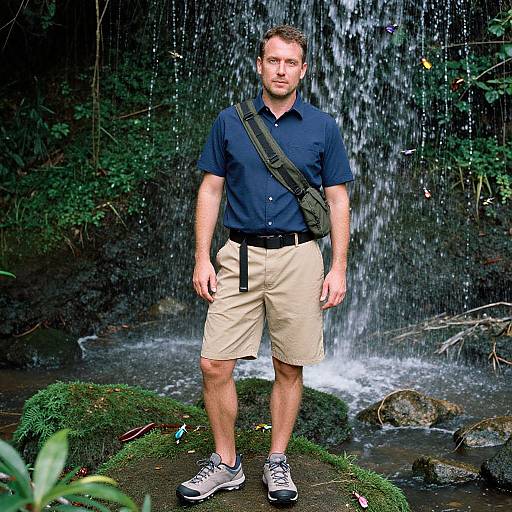 Photograph of a Caucasian man with short brown hair, blue shirt, beige shorts, black strap, standing under a waterfall in a lush forest.